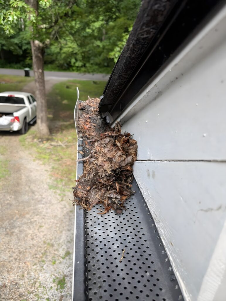 Gutter cleaning. Leaves and debris piled up